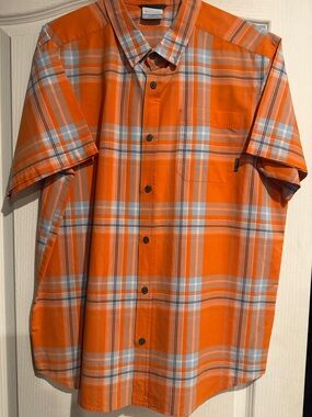 Columbia Men's Orange Plaid Button-Up Short Sleeve Shirt Regular Fit Size XL